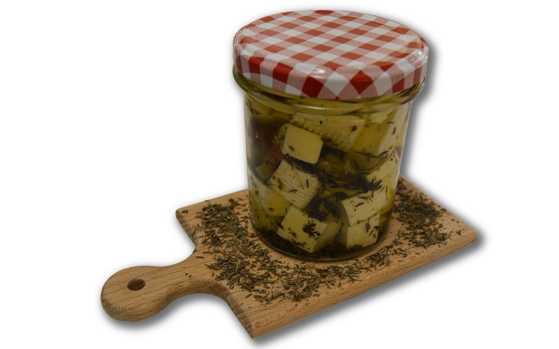 Bio nakládaný sýr olivy, rajče a tymián